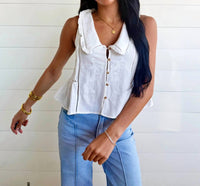 Blu Pepper - Women's Embroidered Collared Ruffle Trim Button Down Top
