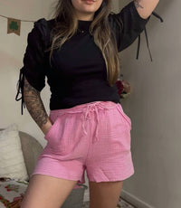 Zenana - Pippa Washed Double Gauze Frayed Hem Drawstring Shorts