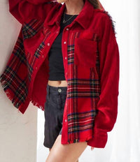 Jade By Jane - Frayed Corduroy Plaid Collared Jacket