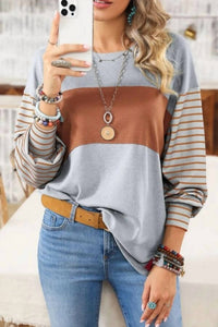 1 The Woman Colorblock Striped Bishop Sleeve Top in grey brown - women's top
