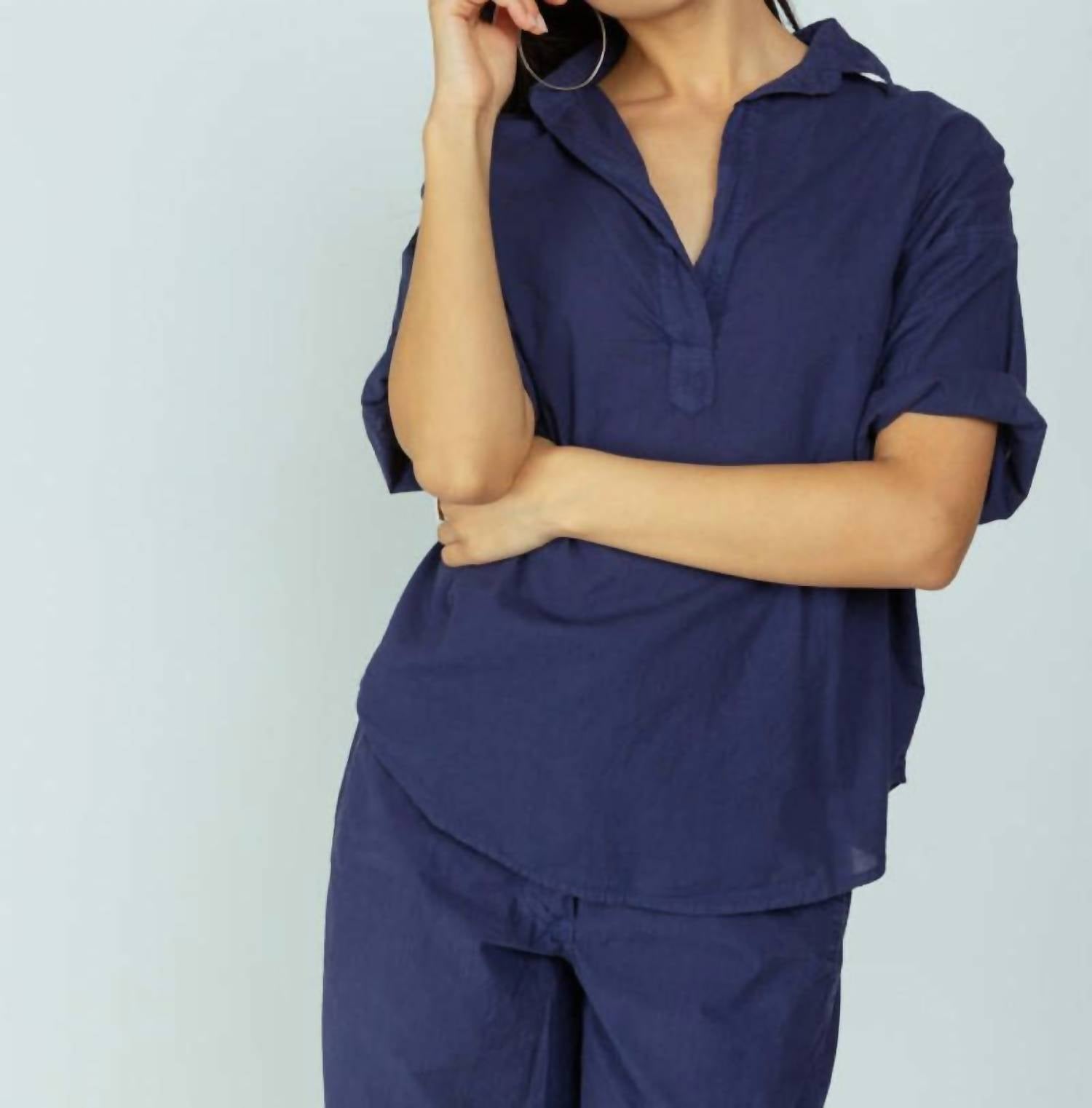 A SHIRT THING Delilah Collared V-neck Shirt in navy - women's blouse - view 5