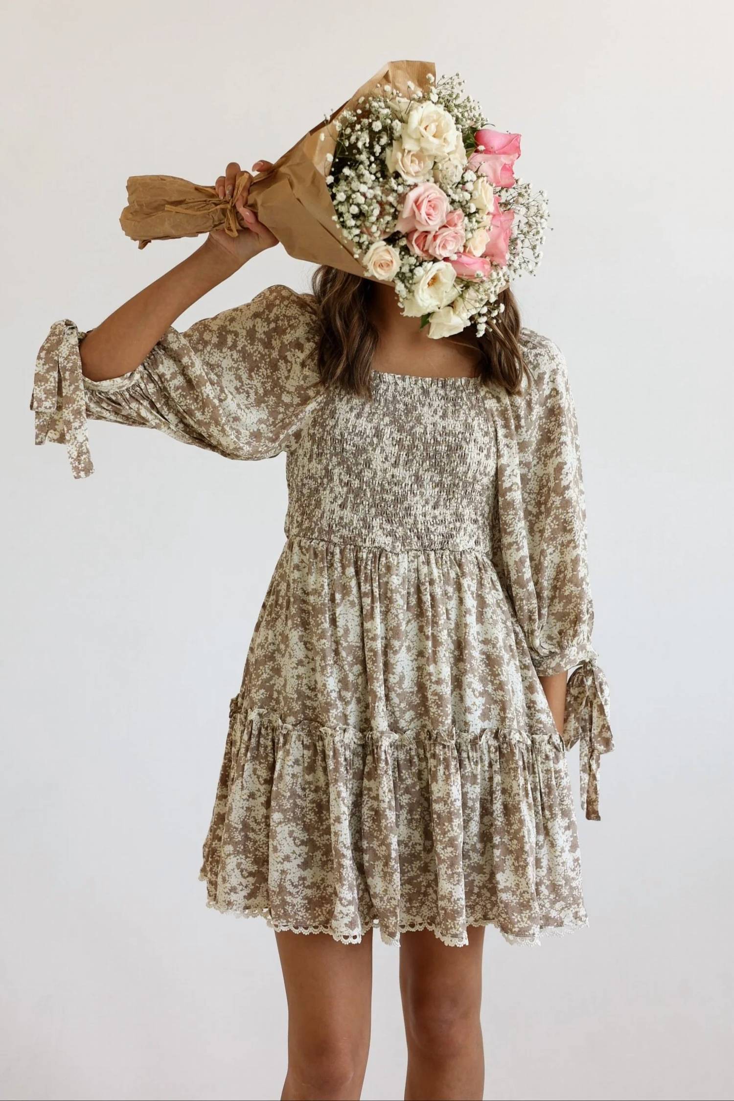 Just Me - Gia Smocked Puff Sleeve Floral Mini Dress