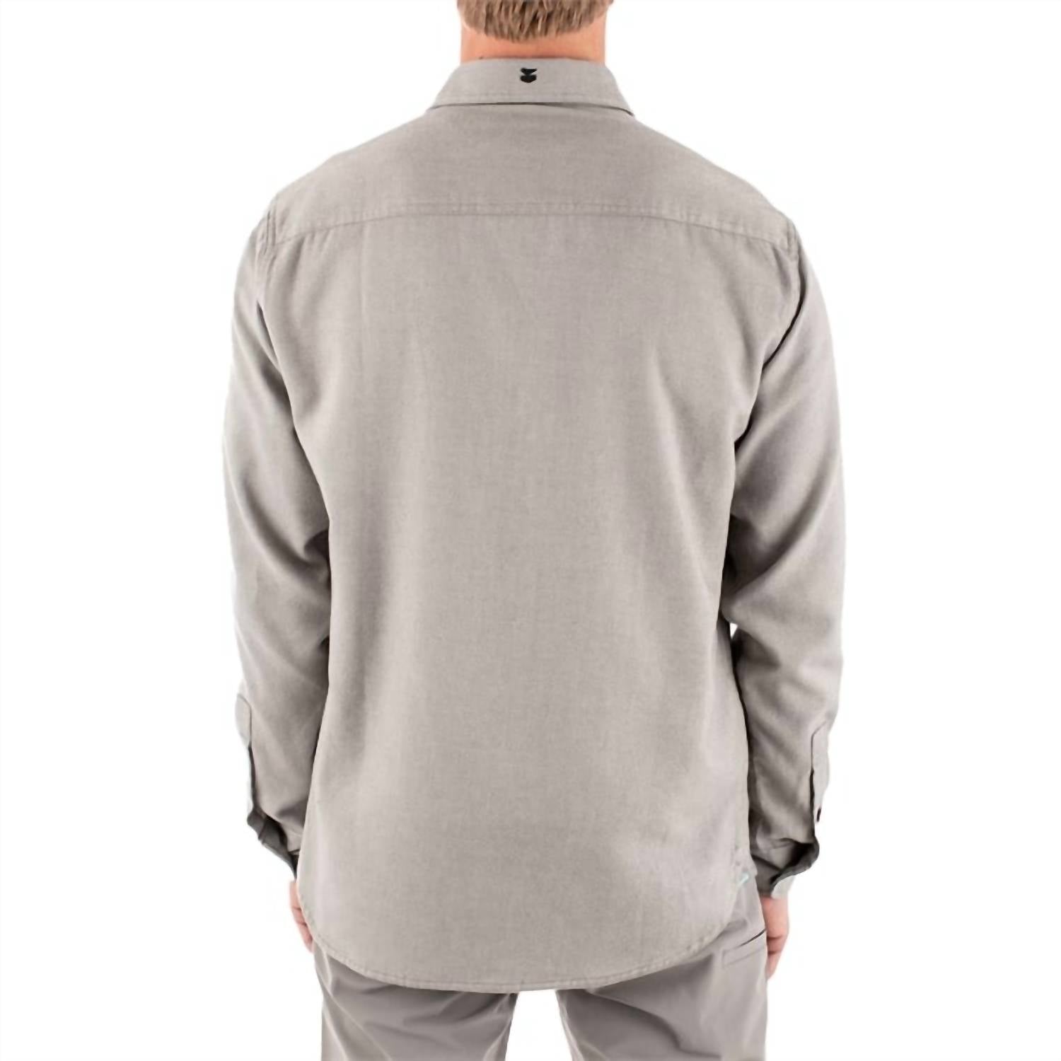 Dakota Grizzly Jetty Essex Oyster Twill Shirt in heather grey - women's long sleeve top - detail view