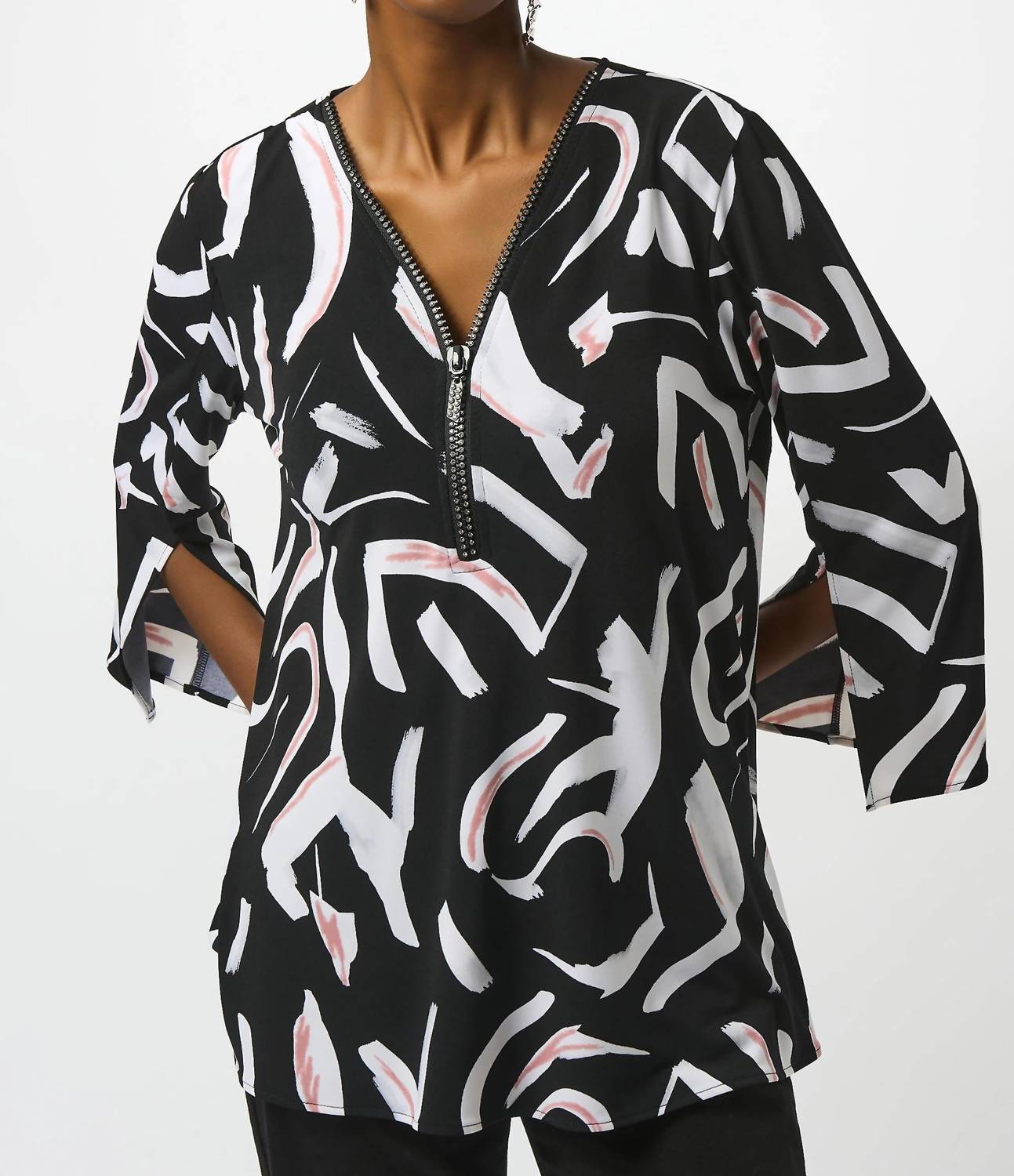 Joseph Ribkoff - Embellished Zip V-neck 3/4 Sleeve Tunic Top