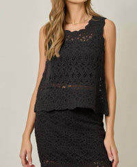 mystree Crochet Scallop Hem Top in black - women's tank top