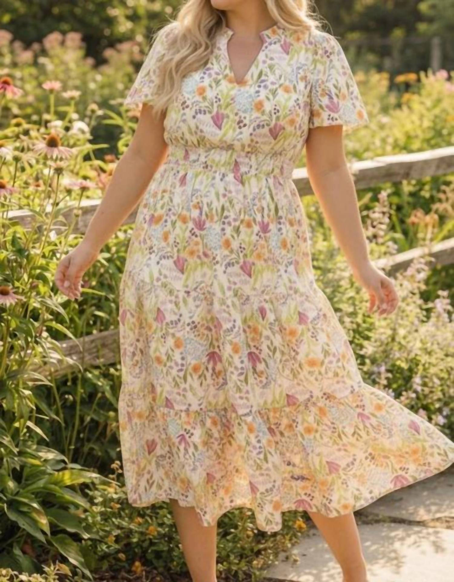 Haptics - Smocked Waist Tiered Floral Dress - Plus