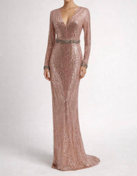 MAC DUGGAL Sequin Long Sleeve Gown in rose gold - women's dress