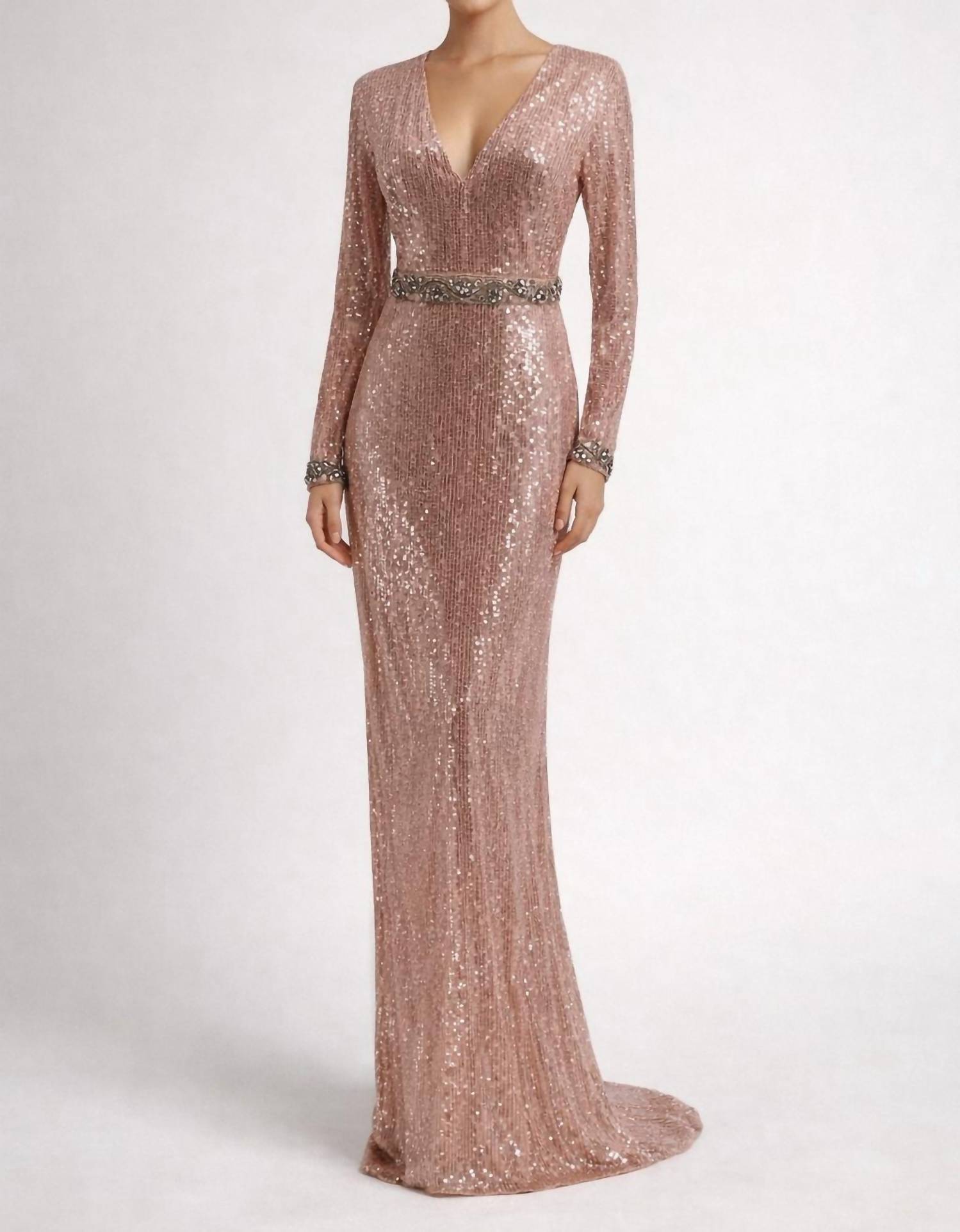MAC DUGGAL Sequin Long Sleeve Gown in rose gold - women's dress