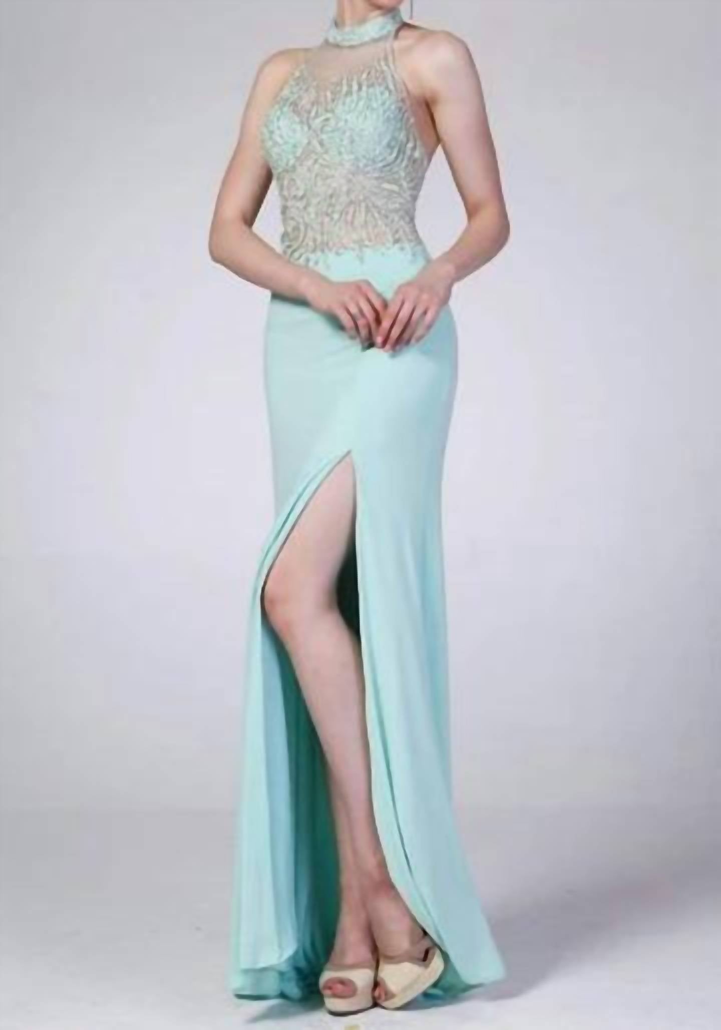 Cinderella Divine - Halter Fitted Illusion Top Gown