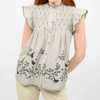 Ivy Jane Bird Border Button Front Top in beige - women's blouse - alternate view