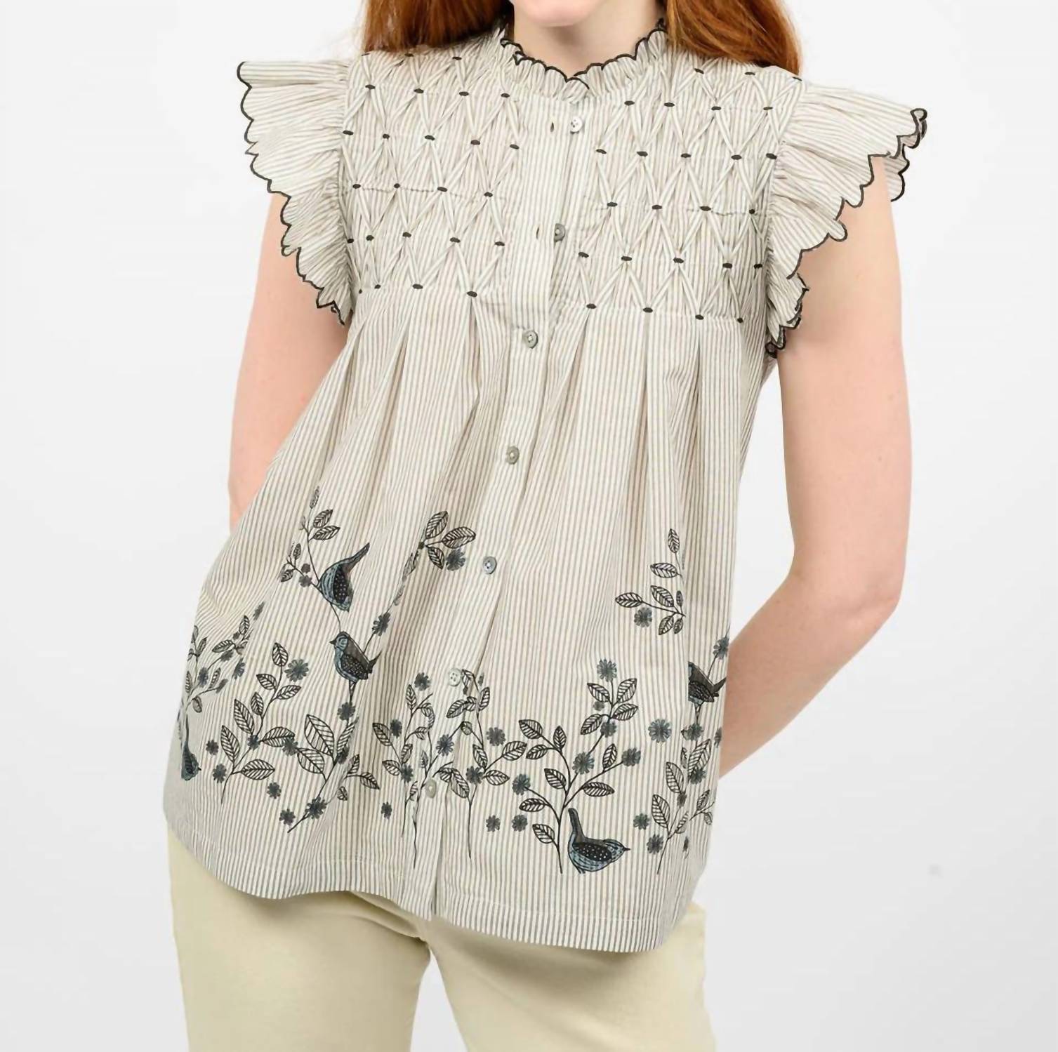 Ivy Jane Bird Border Button Front Top in beige - women's blouse - alternate view