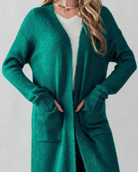 Urban Daizy Fuzzy Knit Longline Cardigan in emerald - women's cardigan - detail view