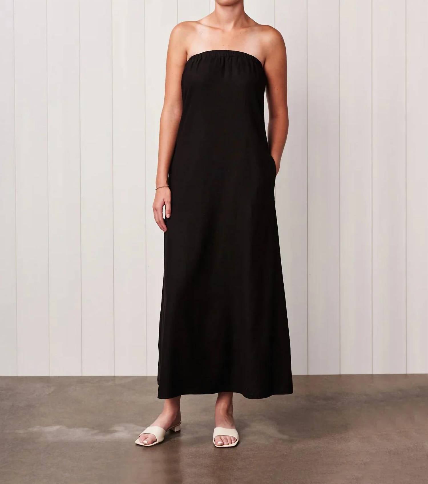 STATESIDE Linen Column Maxi Dress in black - women's dress