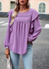 Epretty - Swiss Dots Ruffle Trim Blouse