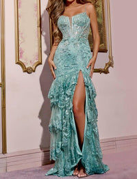 JOVANI Spaghetti Strap Beaded Bodice Gown With High Slit in sage - women's dress