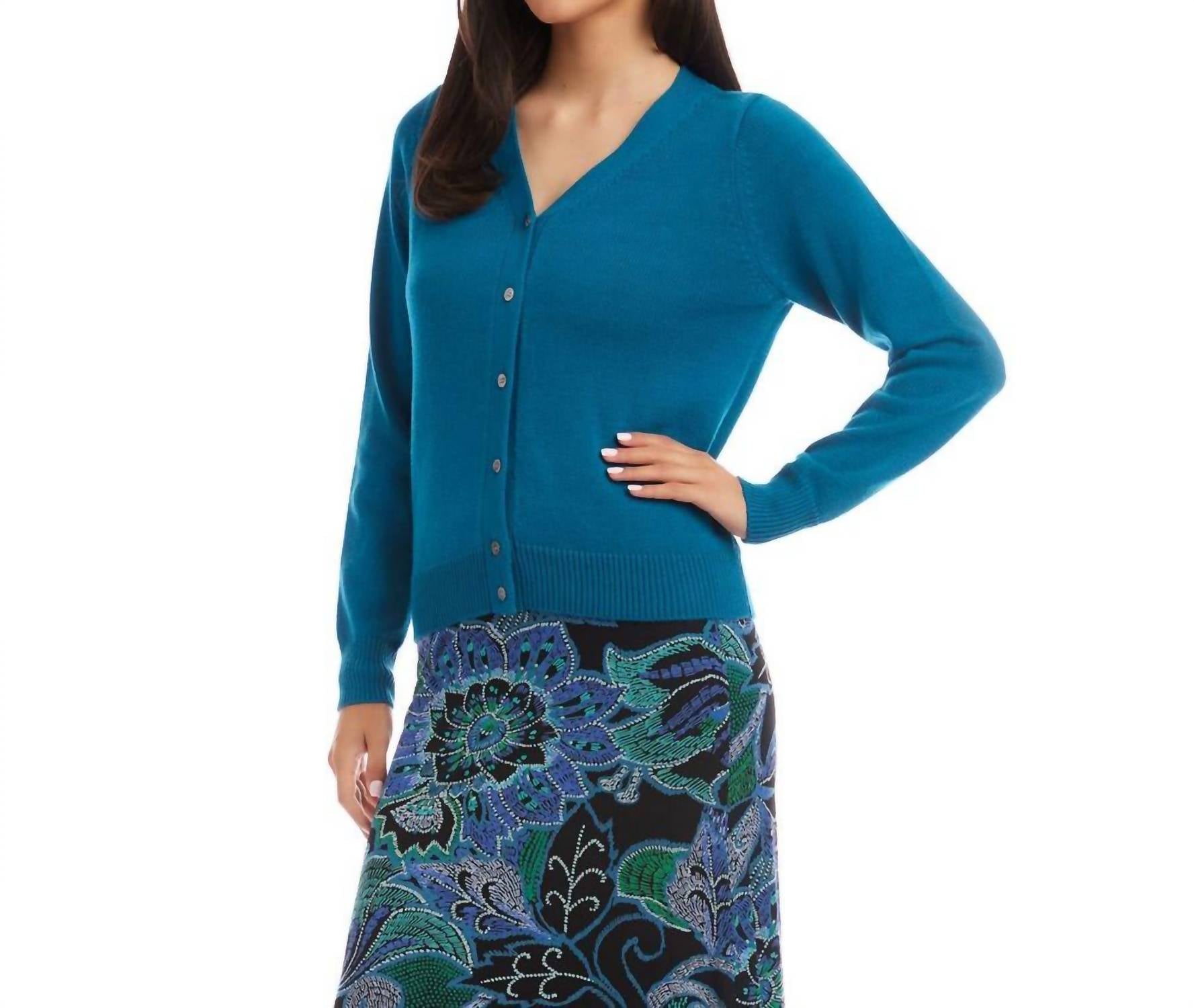 Karen Kane Long Sleeve Cardigan Sweater in teal - women's cardigan - detail view