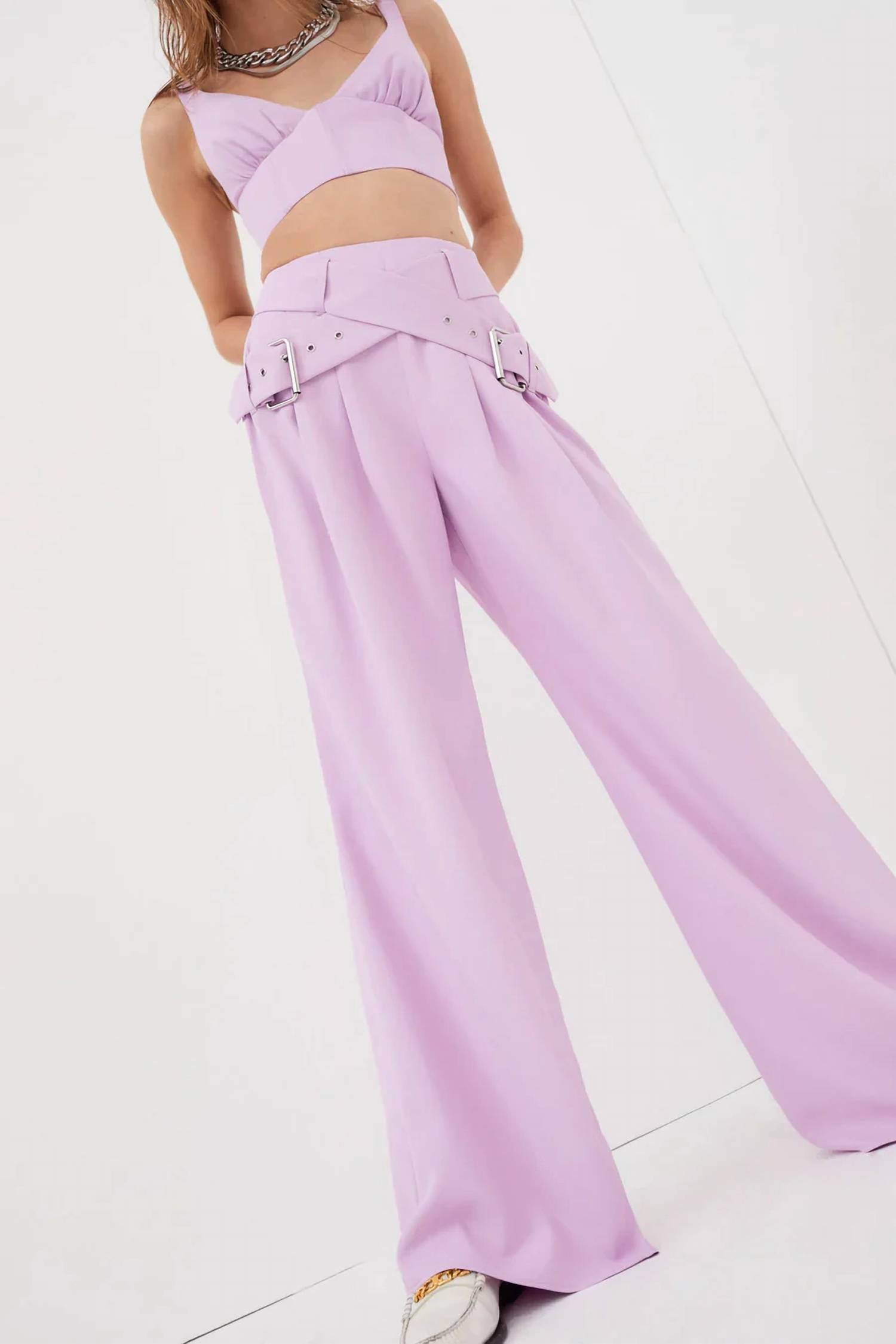 for Love & Lemons Natasha Wide Leg Pant With Belt in purple - women's pants - detail view