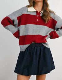 Buttermelon - Buttoned Striped Collared Long Sleeve Top