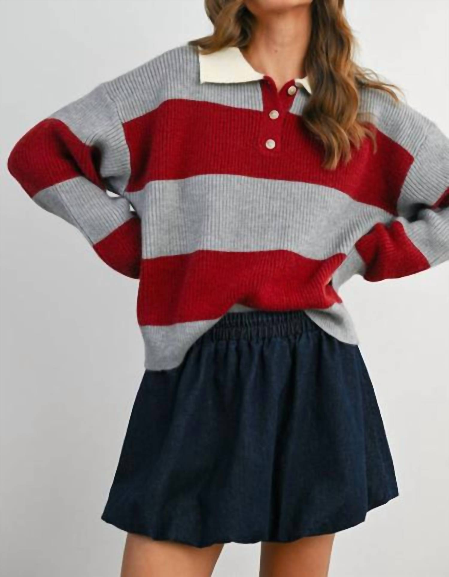 Buttermelon - Buttoned Striped Collared Long Sleeve Top