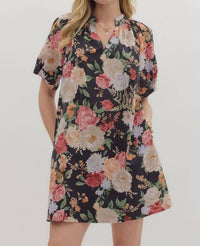 Entro - Vintage Floral Short Dress With Pleated Sleeve