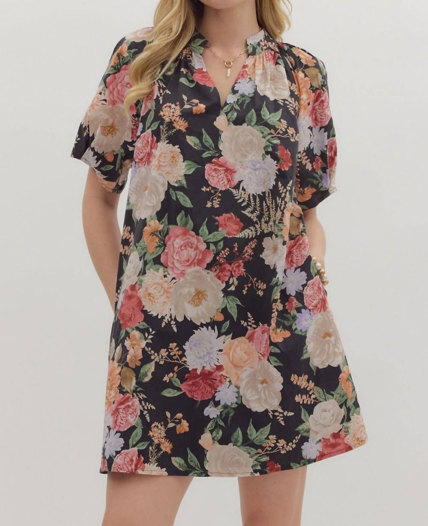 Entro - Vintage Floral Short Dress With Pleated Sleeve