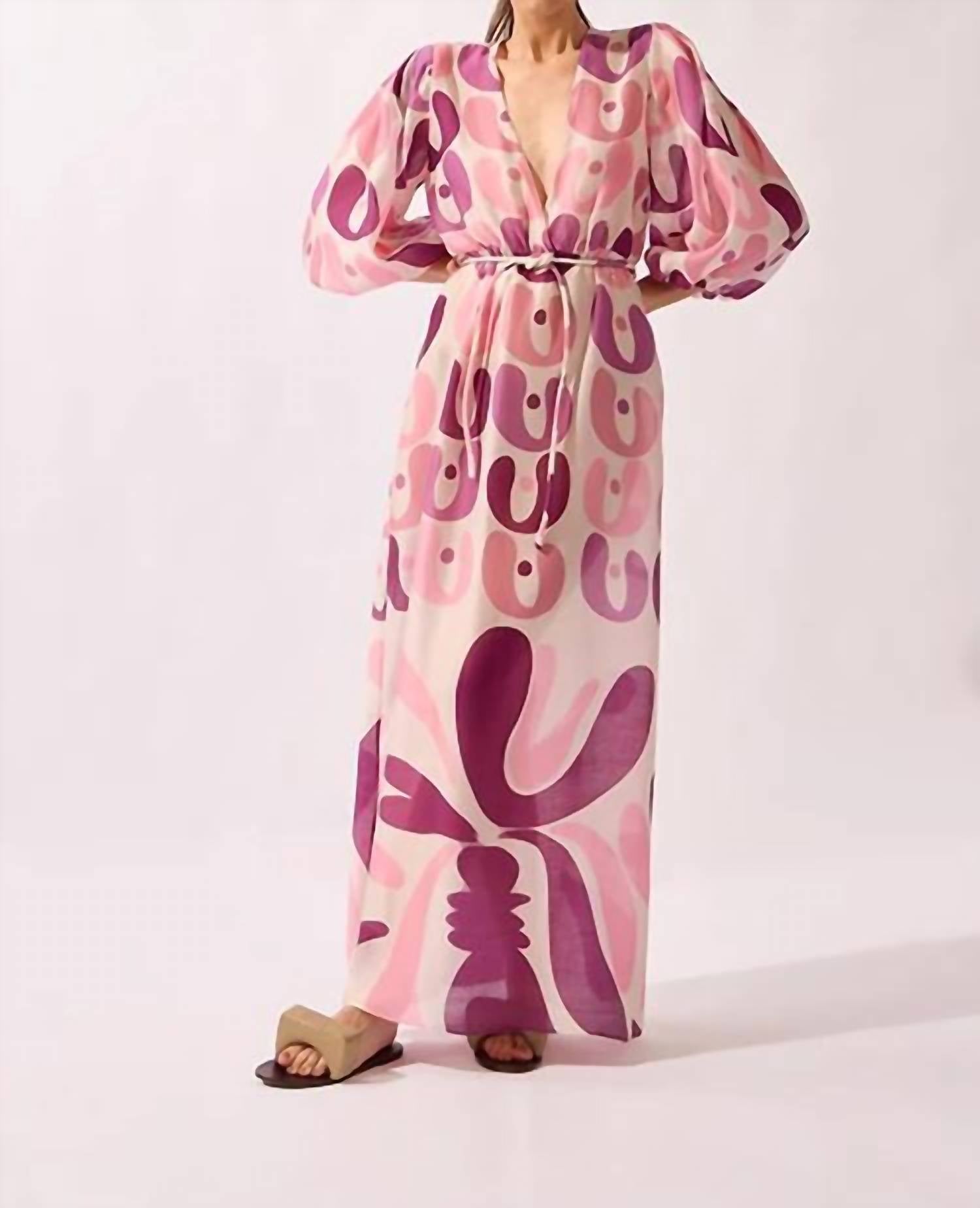 Adriana Degreas - Bold Floral Deep V Neck Puff Sleeve Maxi Dress