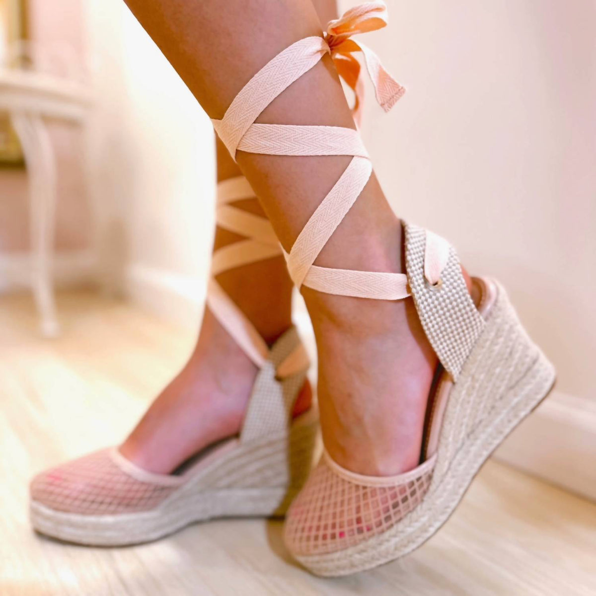 Bamboo - Women's Ditch 21 Mesh Leg Wrap Wedge Sandal