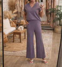 Yelete - Relaxed V-neck Top And High Waisted Wide-leg Pants Set