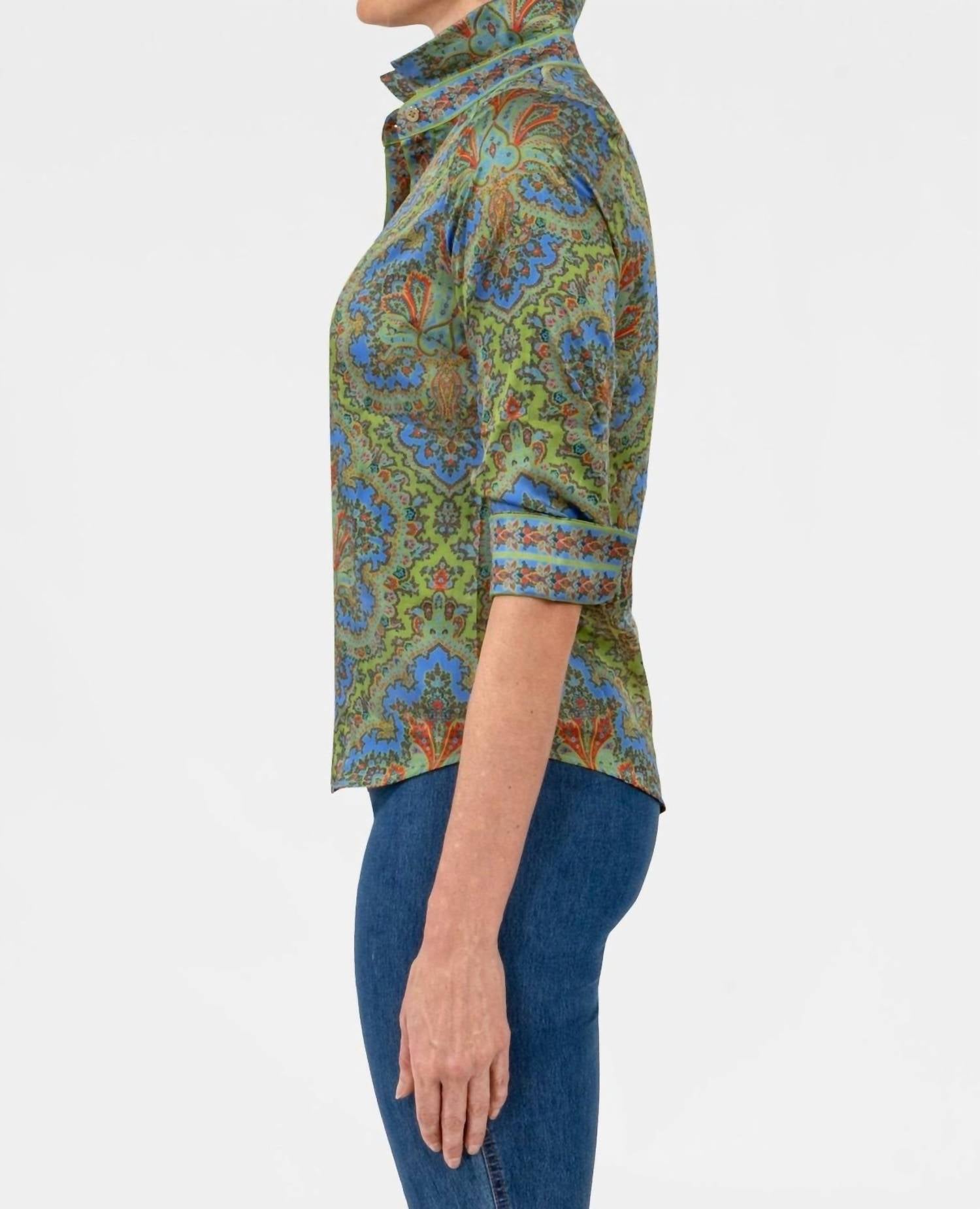 GRETCHEN SCOTT Passion Paisley Boyfriend Shirt in olive - women's blouse - alternate view