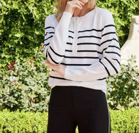 Karen Kane stripe henley sweater in off white and black - women's sweater - detail view