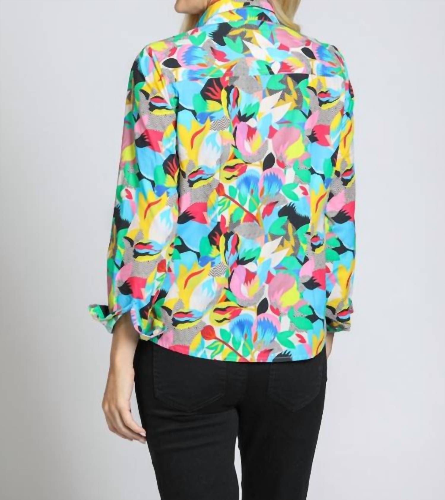 APNY Classic Button-up Shirt in bright blue multi - women's shirt - alternate view