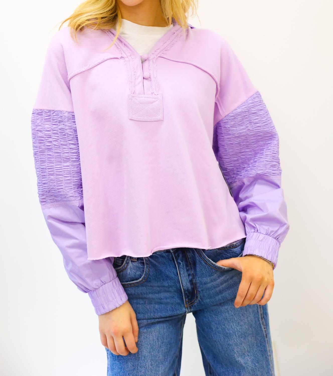 Karlie - Solid V Neck Knit Novelty Sweatshirt