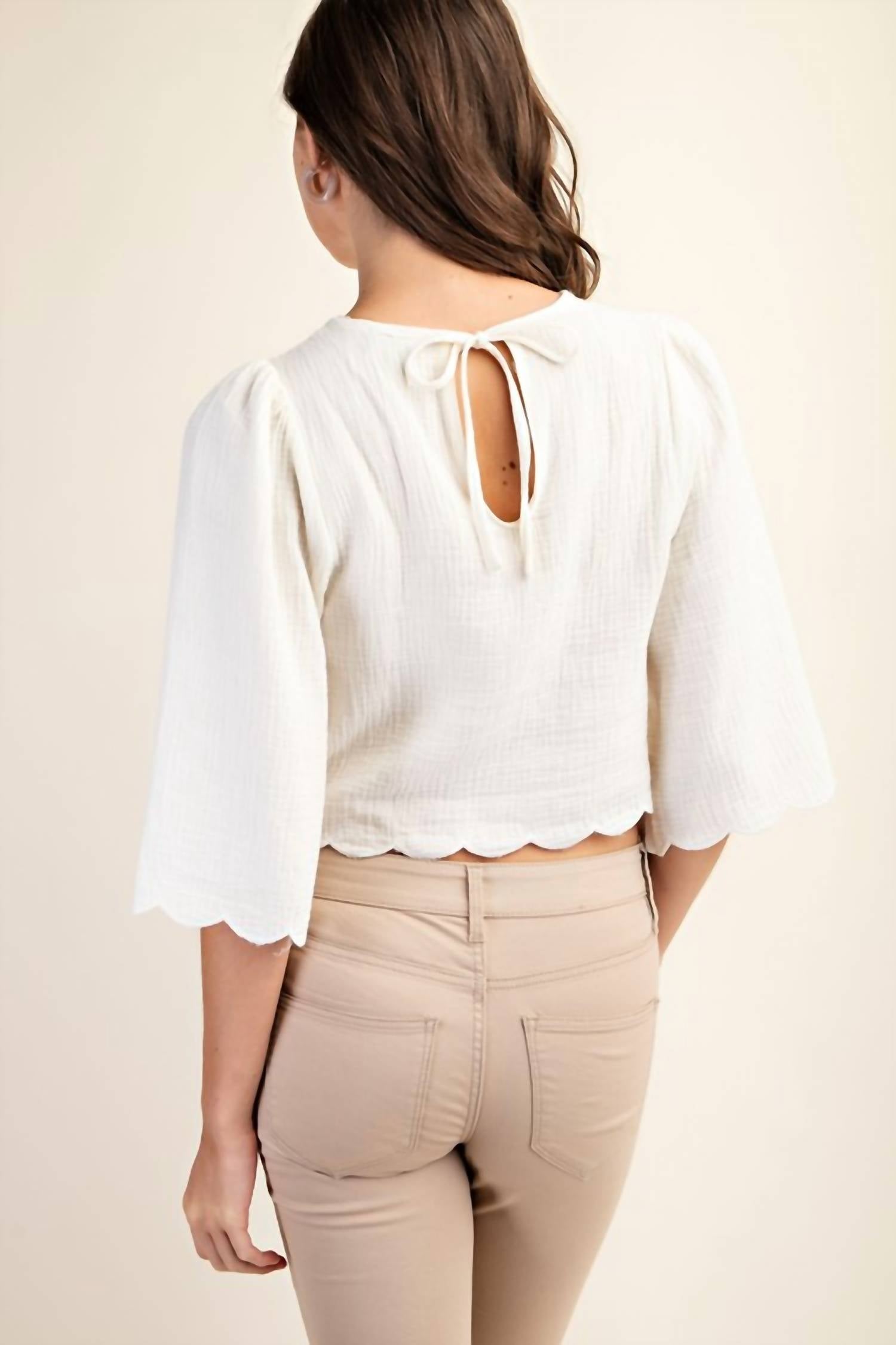 Gigio - Embroidered Cutout Bell Sleeve Crop Top