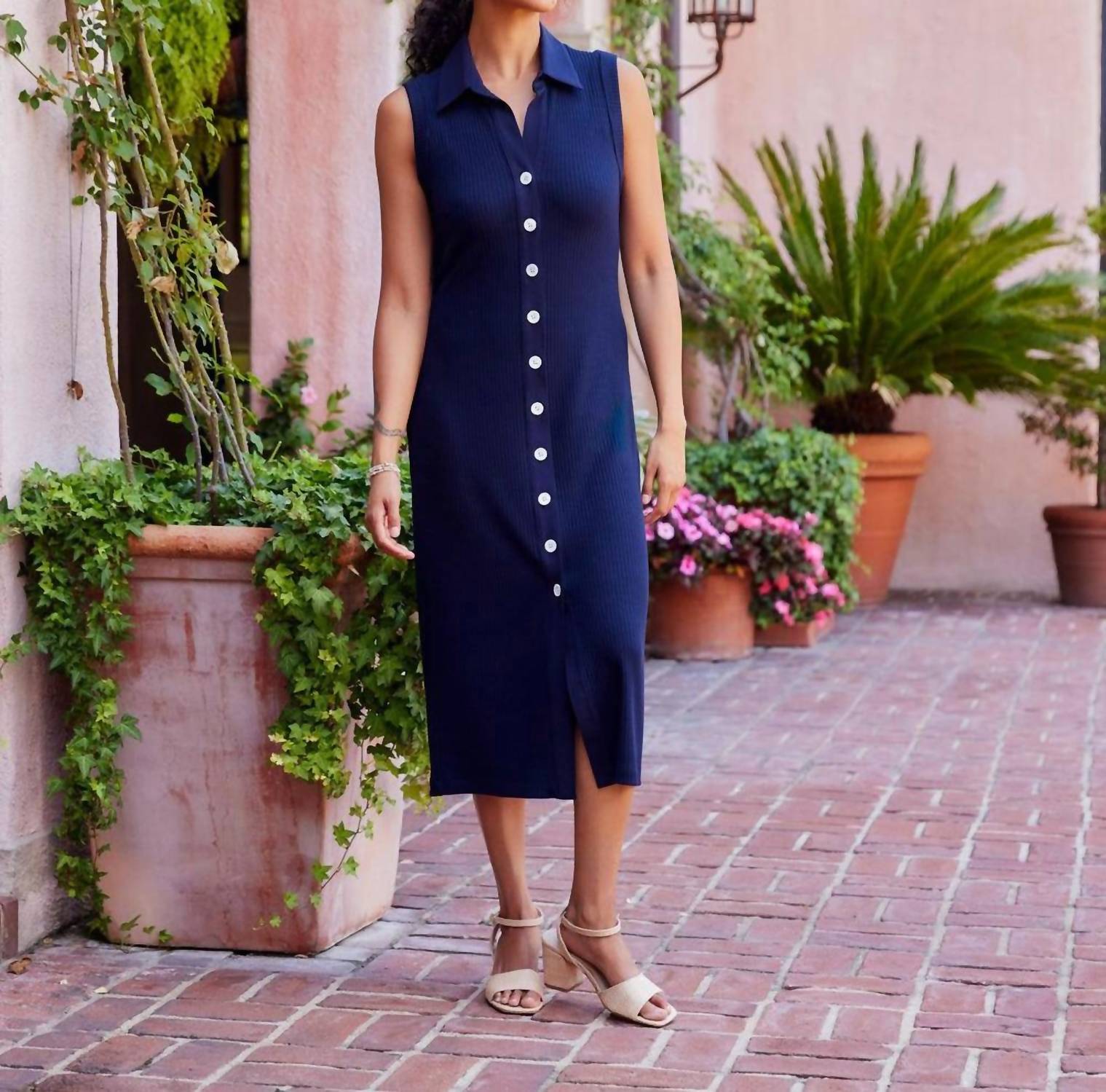 Karen Kane - Ribbed Sleeveless Button Front Midi Dress