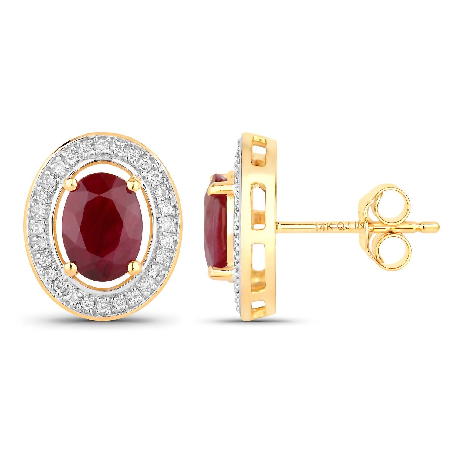 Diana M Jewels Women's Oval Natural Ruby Stud Earrings (2.12 Ct) - Classic Plus in 14k yellow gold - women's jewelry - detail view