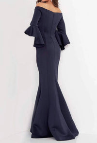 Jovani - Off-shoulder Bell Sleeve Draped Mermaid Evening Gown