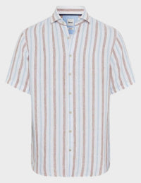 Brax Hardy Linen Mix Short Sleeved Shirt in beige light blue stripe - men's shirt - view 4