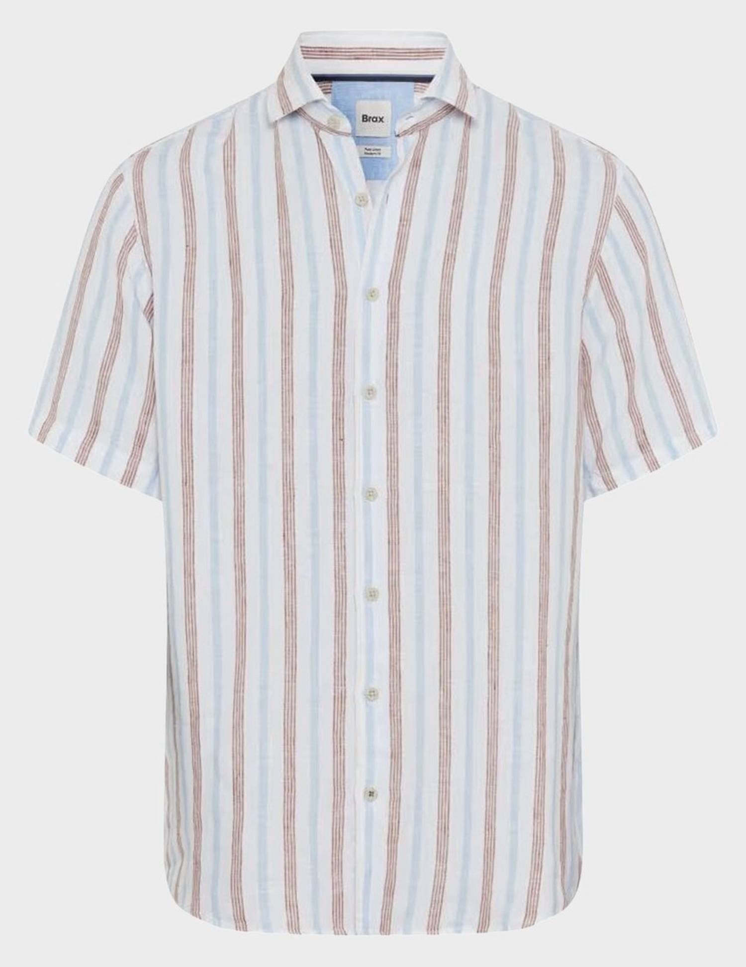 Brax Hardy Linen Mix Short Sleeved Shirt in beige light blue stripe - men's shirt - view 4