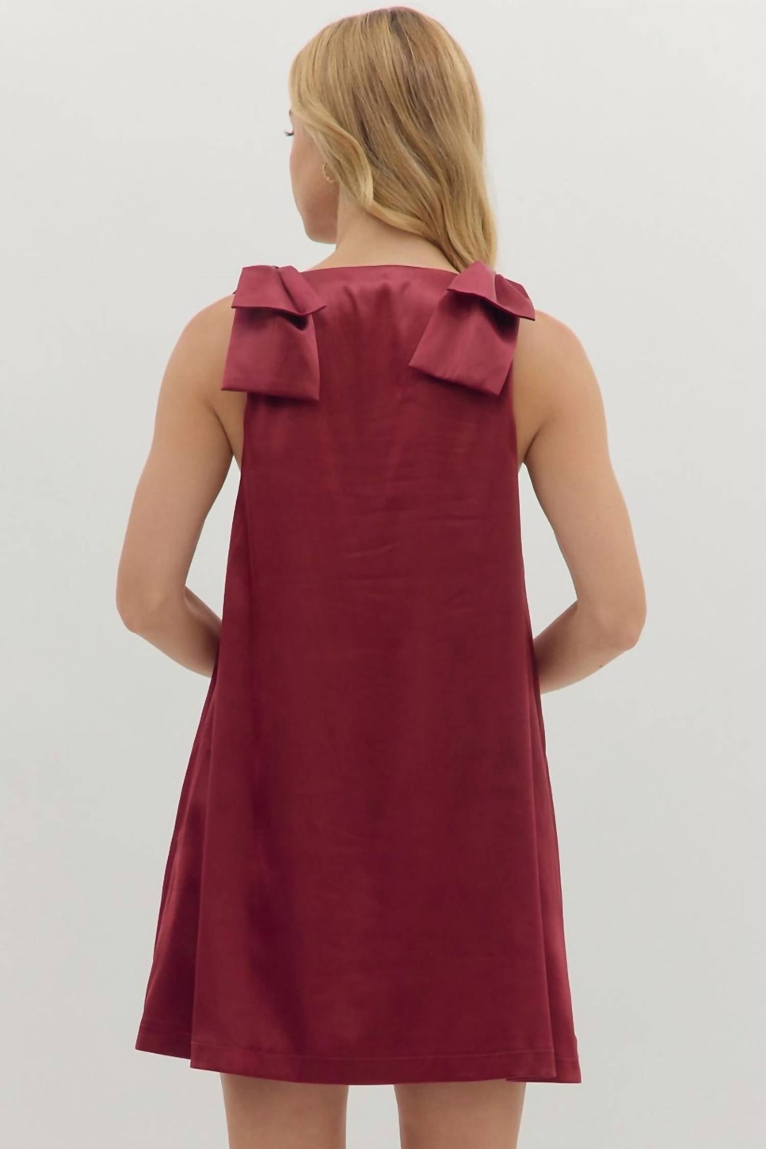entro Tied With Grace Bow Dress in burgundy - women's dress - detail view