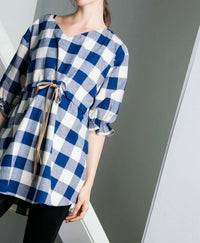 THML Checkered Past Tunic Top in blue - women's shirt - alternate view