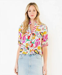 Thml - Printed V-Neck Button Stripe Cuff Top