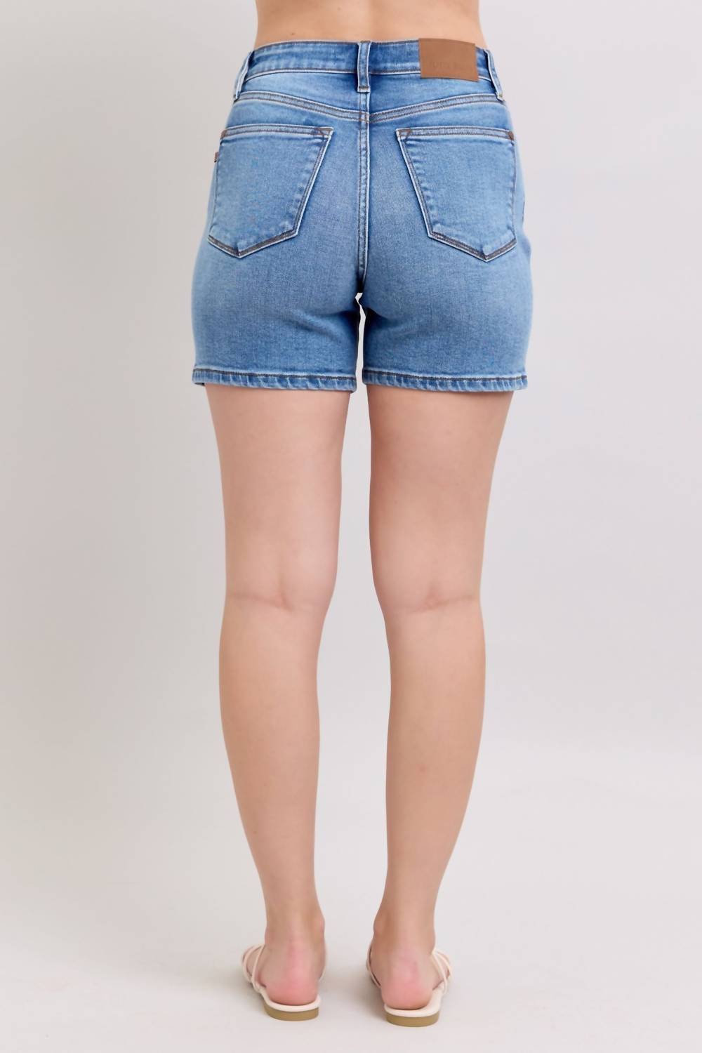 Judy Blue Two Button Mid Length Dad Shorts in medium wash - women's shorts - alternate view