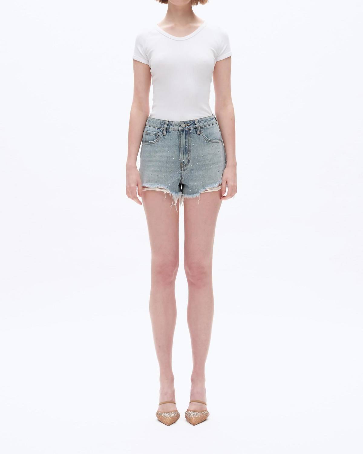 Bayeas - Rhinestone Embellished High Rise Denim Shorts