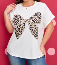 Dear Lover - Leopard Bow Embroidered Patch Casual T Shirt - Plus