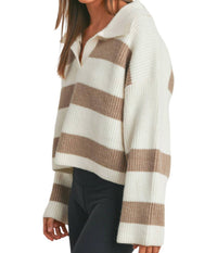 Buttermelon Striped Wide Collar Sweater in ivory taupe - women's sweater - detail view