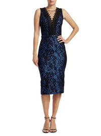 Theia - Lace Trim Brocade Sheath Cocktail Dress