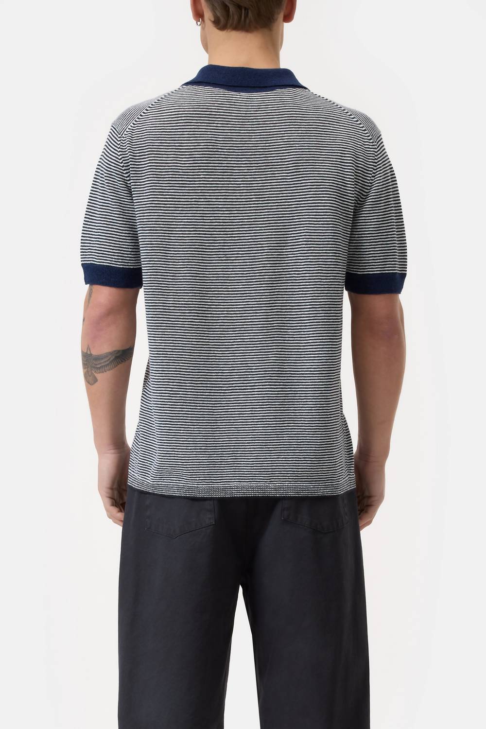 CLOSED Mens Striped Linen Blend Polo Shirt in smokey blue - men's t-shirt - detail view