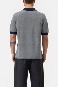CLOSED Mens Striped Linen Blend Polo Shirt in smokey blue - men's t-shirt - detail view