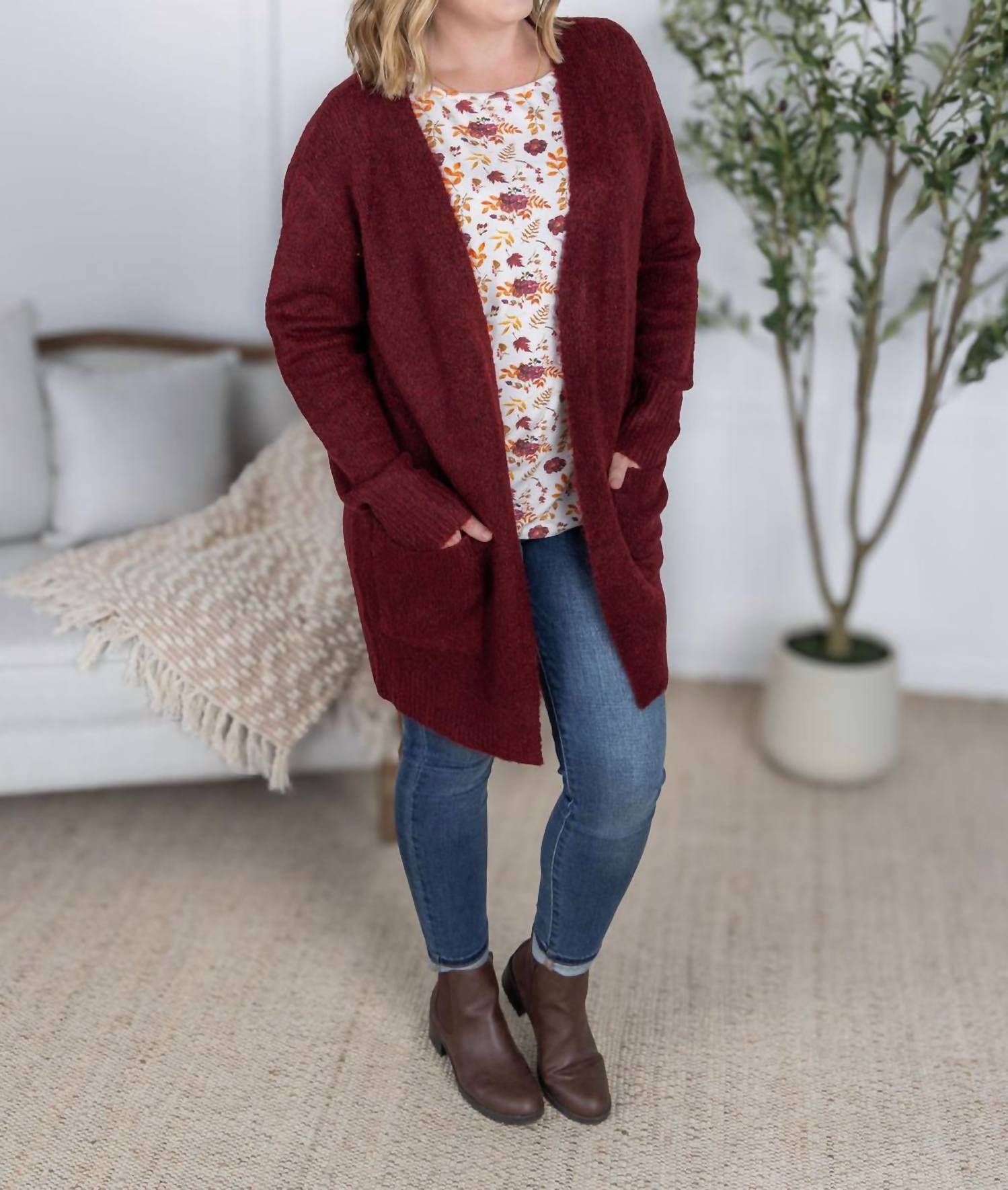 Michelle Mae Madison Cozy Cardigan in burgundy - women's cardigan