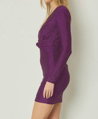 Entro - Glittery V-Neck Long Sleeve Mini Dress